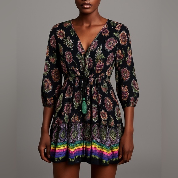 Alexis NWT Boho Tassel Mini Dress XS Multicolor Floral Resort Vacation Festival